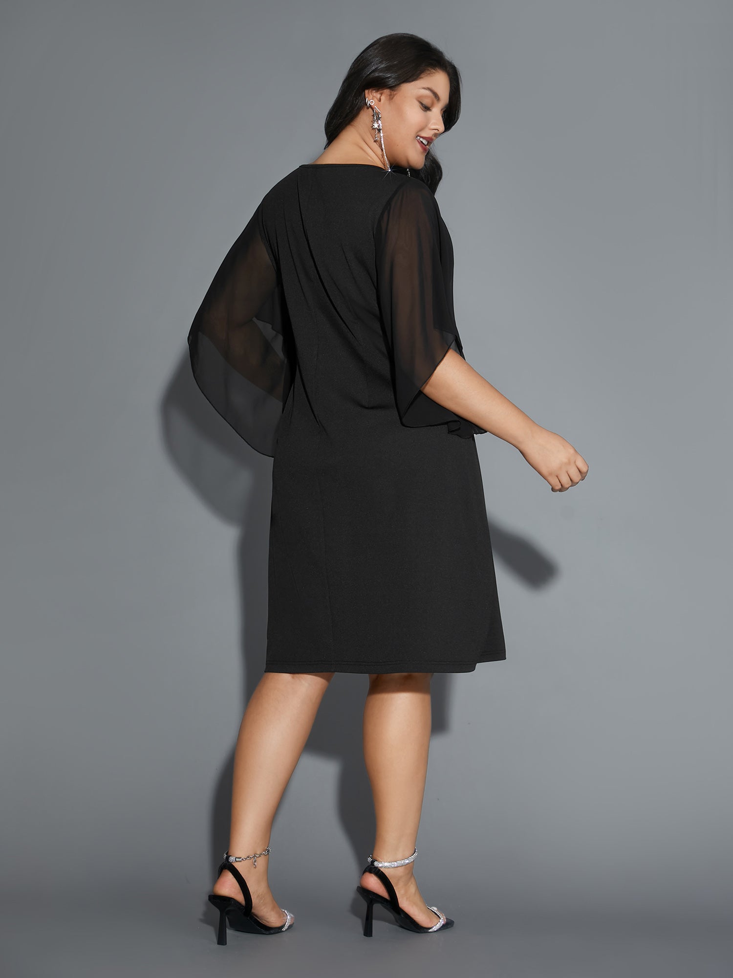 Rhinestone Ruffle Sleeve Mesh Patchwork Dress