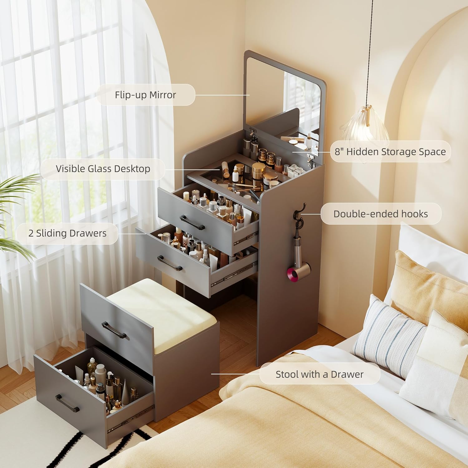 3 in 1 Vanity Desk with Flip Top Mirror for Bedroom