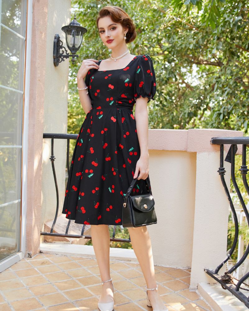 Vintage Daisy Flower Print Cottagecore Cocktail Dresses Square Neck Puff Sleeve Dress with Pockets