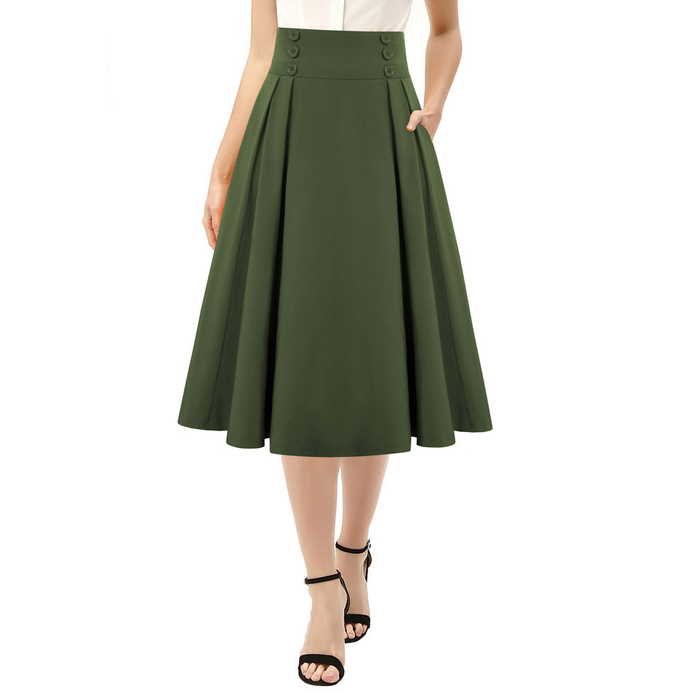 Cherry Patterns Pleated Buttons Decorated Elastic Waist High Waist Swing A-Line Skirt with Pockets