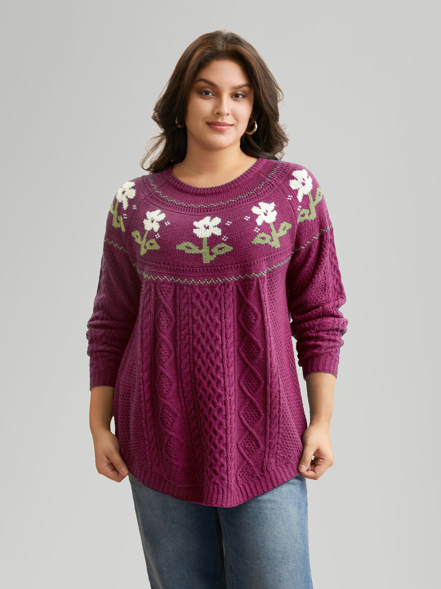 Floral Jacquard Raglan Sleeve Pullover