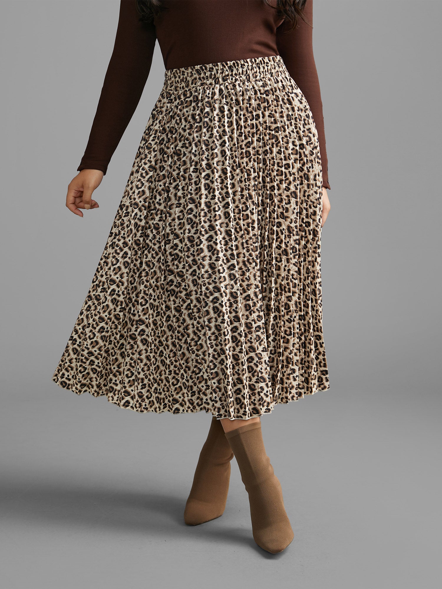 Leopard Print Pleated Elastic Waist Skirt