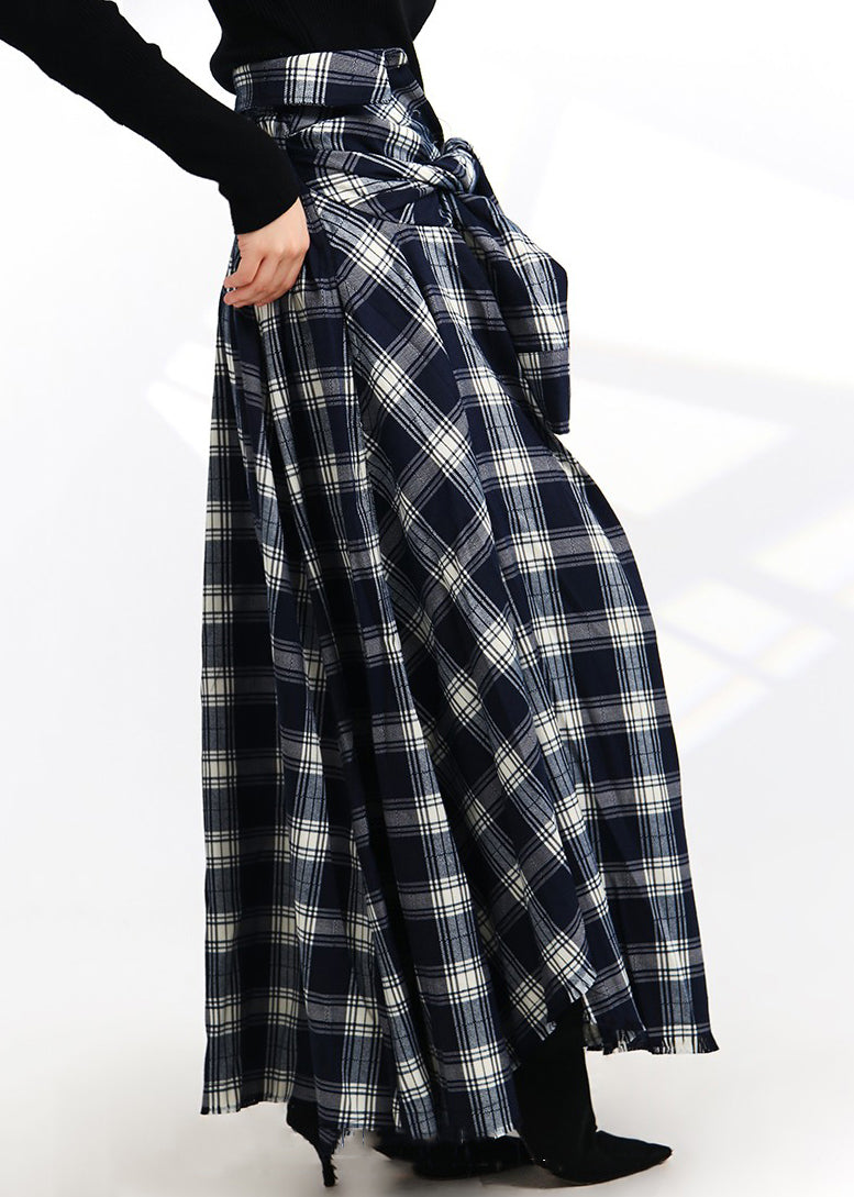 Plaid Lace Up Button Elastic Waist Cotton Skirt Spring