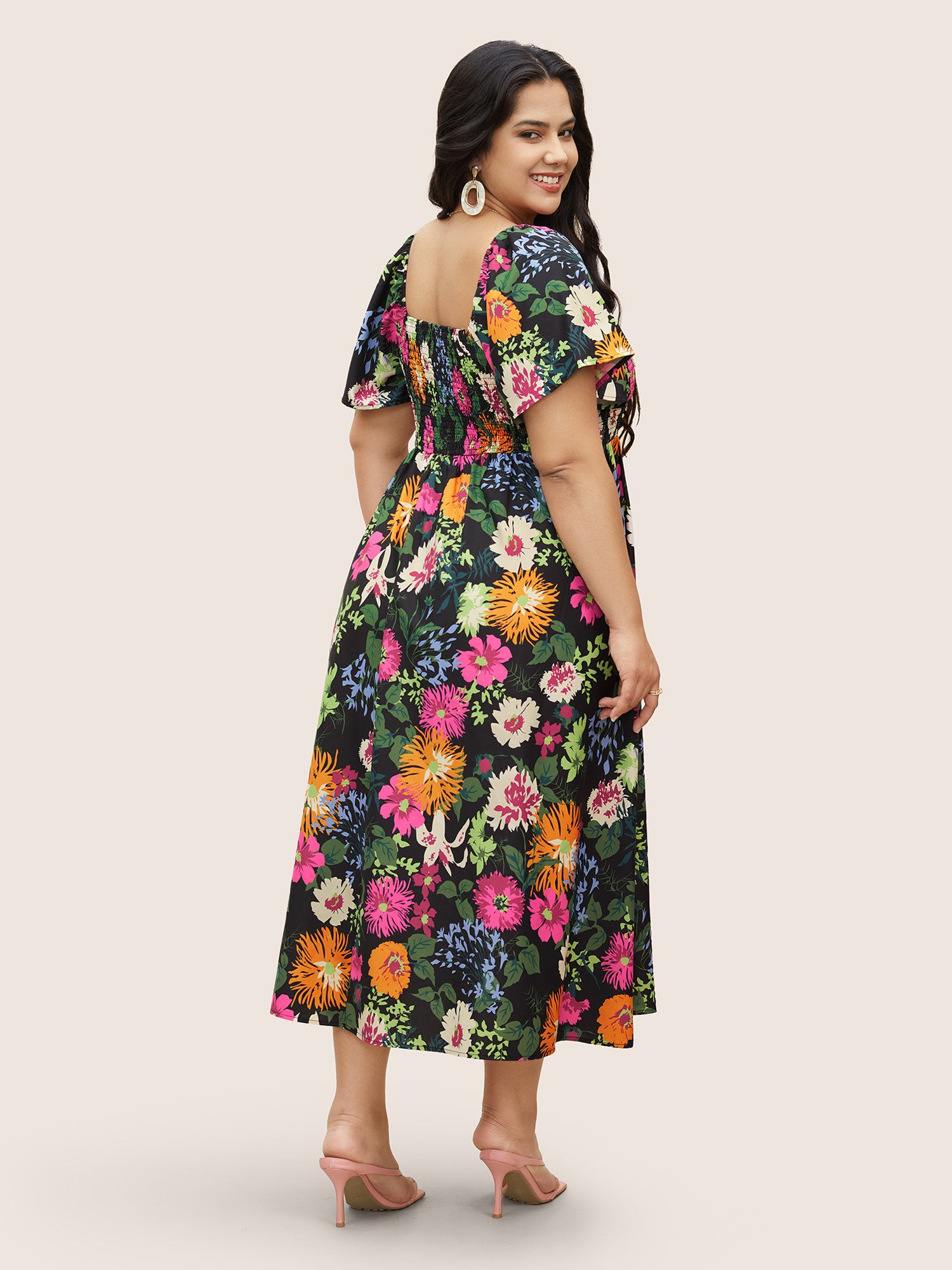 Floral Backless Shirred Square Neck Pocket Ruffle Hem Dress
