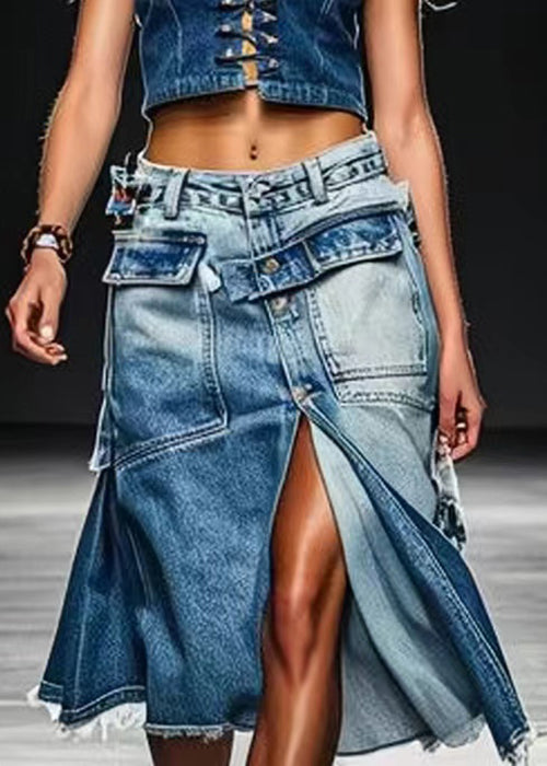 Blue Button Pockets Front Open  Skirt Summer
