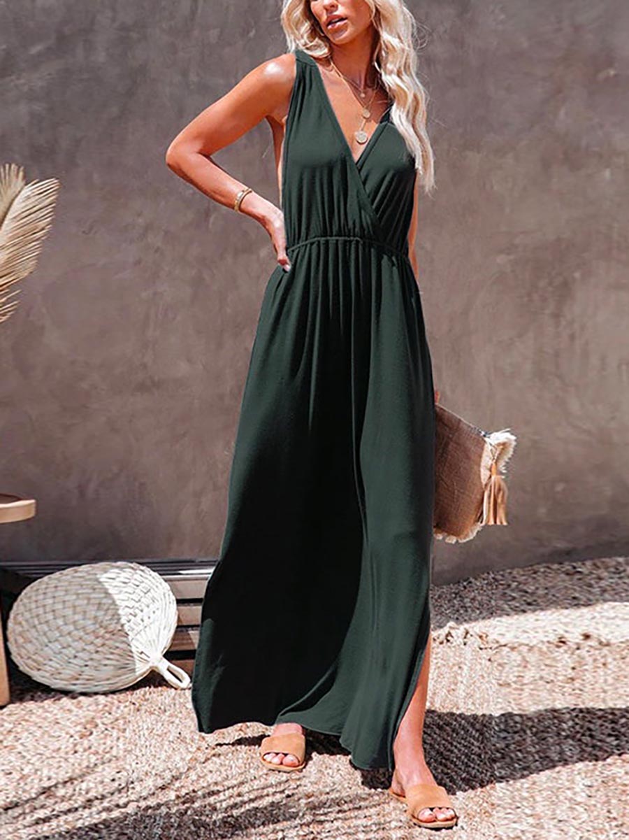 Sleeveless V Neck Side Split Solid Maxi Sundress