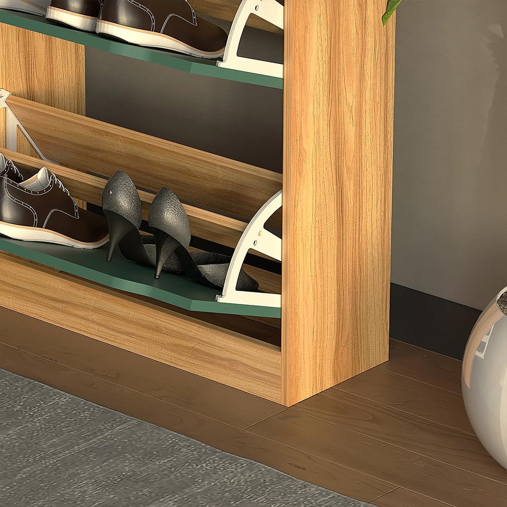 Wood Shoe Cabinet with 3 Doors, Shoe Cabinets, Retractable Handles, Double Depth, 63 x 24 x 115 cm