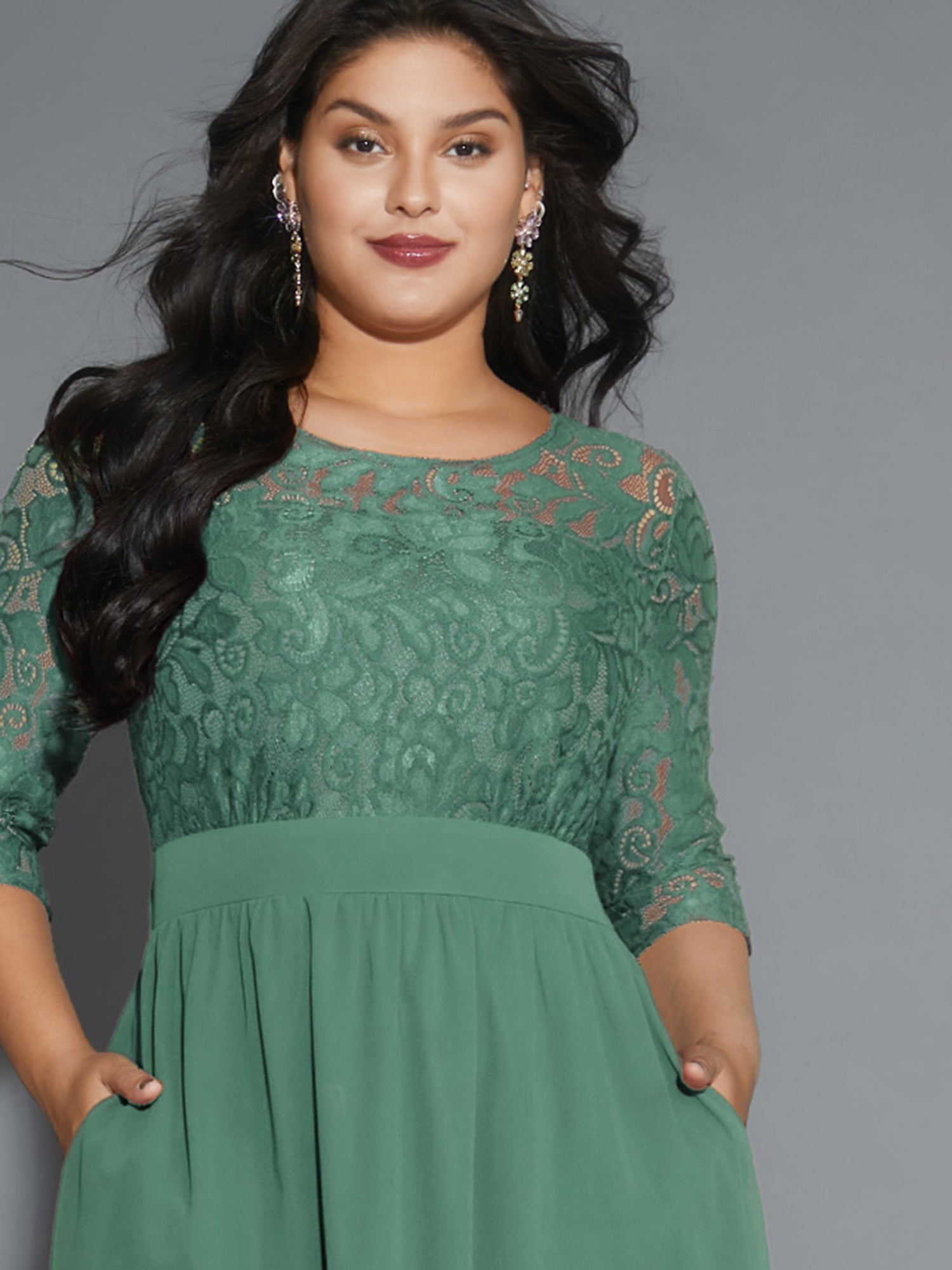 Lace Patchwork Shirred Midi Pocket Dress