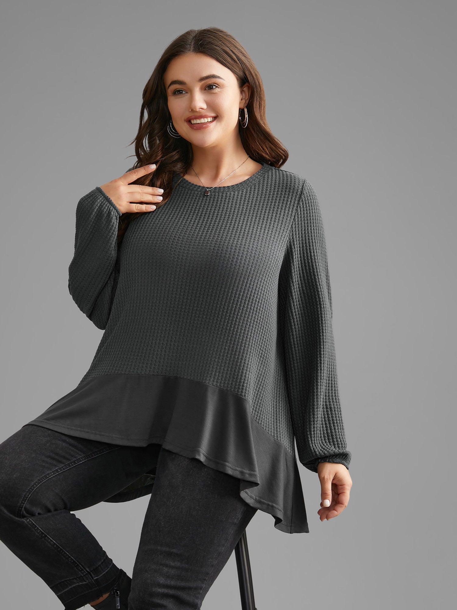 Waffle Knit Patchwork High Low Hem T-shirt