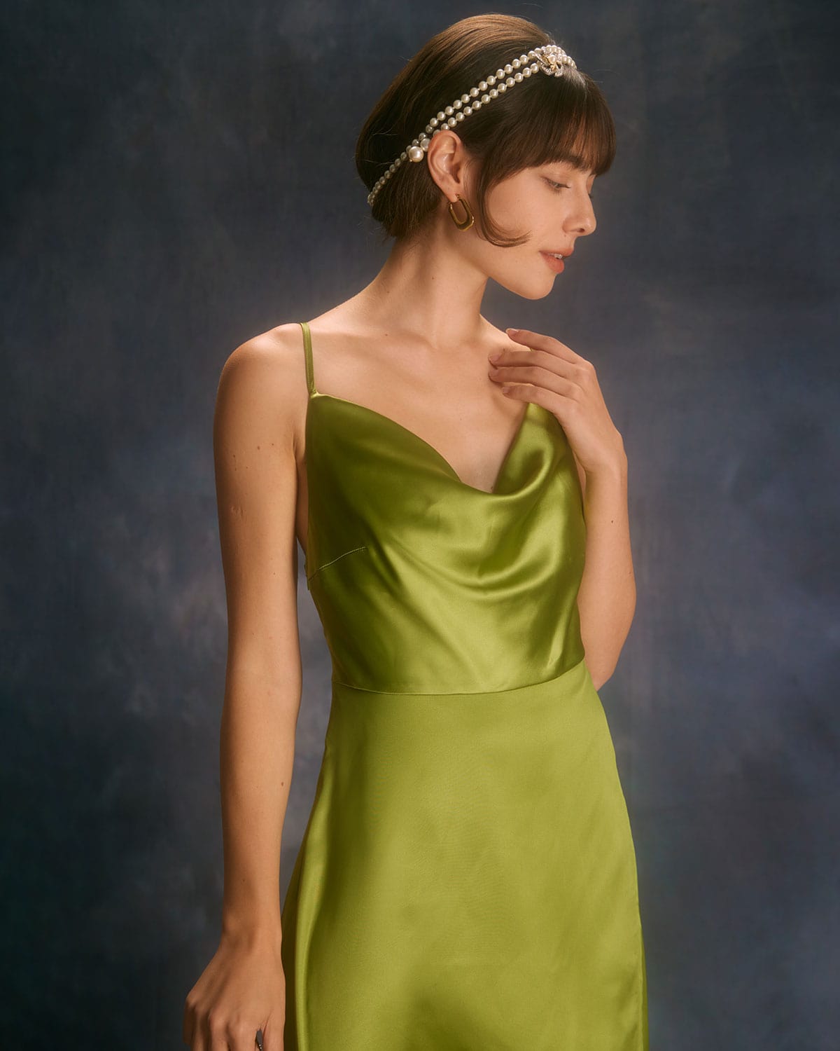 The Green Cowl Neck Split Satin Maxi Dress