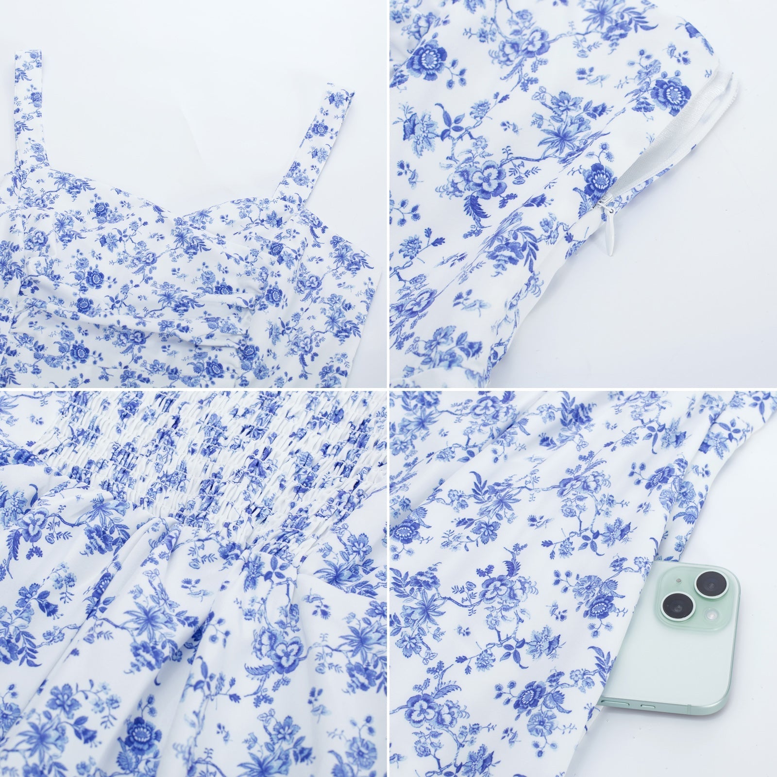 Vintage Leaf Patterns Cocktail Dress Sleeveless Spaghetti Strap Ruched Slit A Line Swing Dress with Pockets