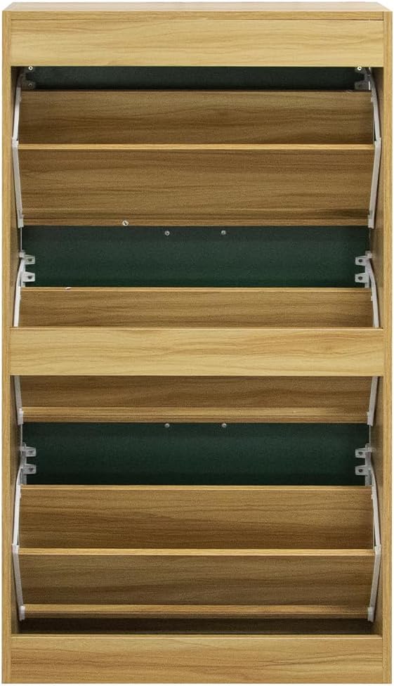 Wood Shoe Cabinet with 3 Doors, Shoe Cabinets, Retractable Handles, Double Depth, 63 x 24 x 115 cm