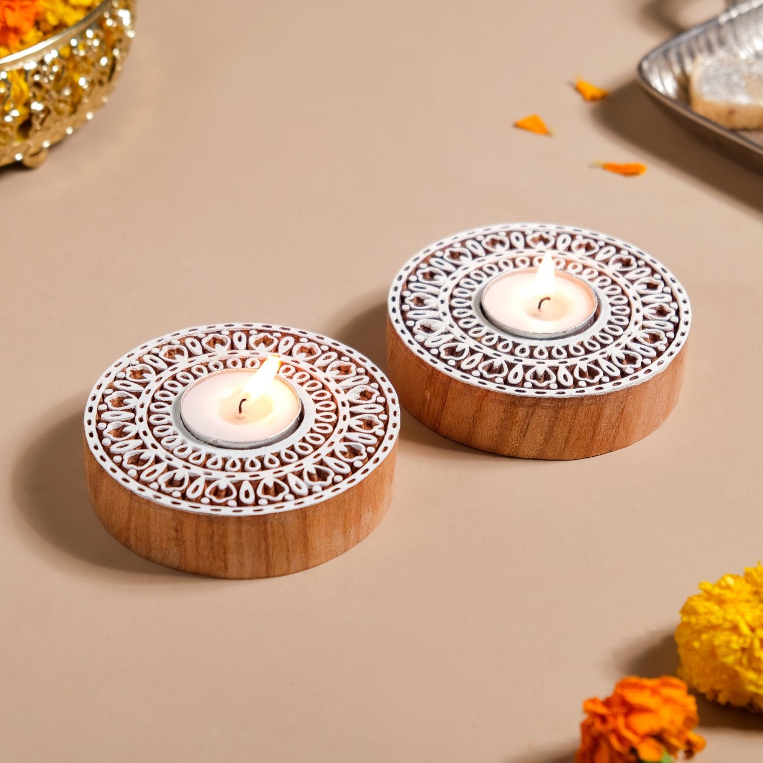 Set Of 2 Mandala Wooden Block Candle Tea Light Holders