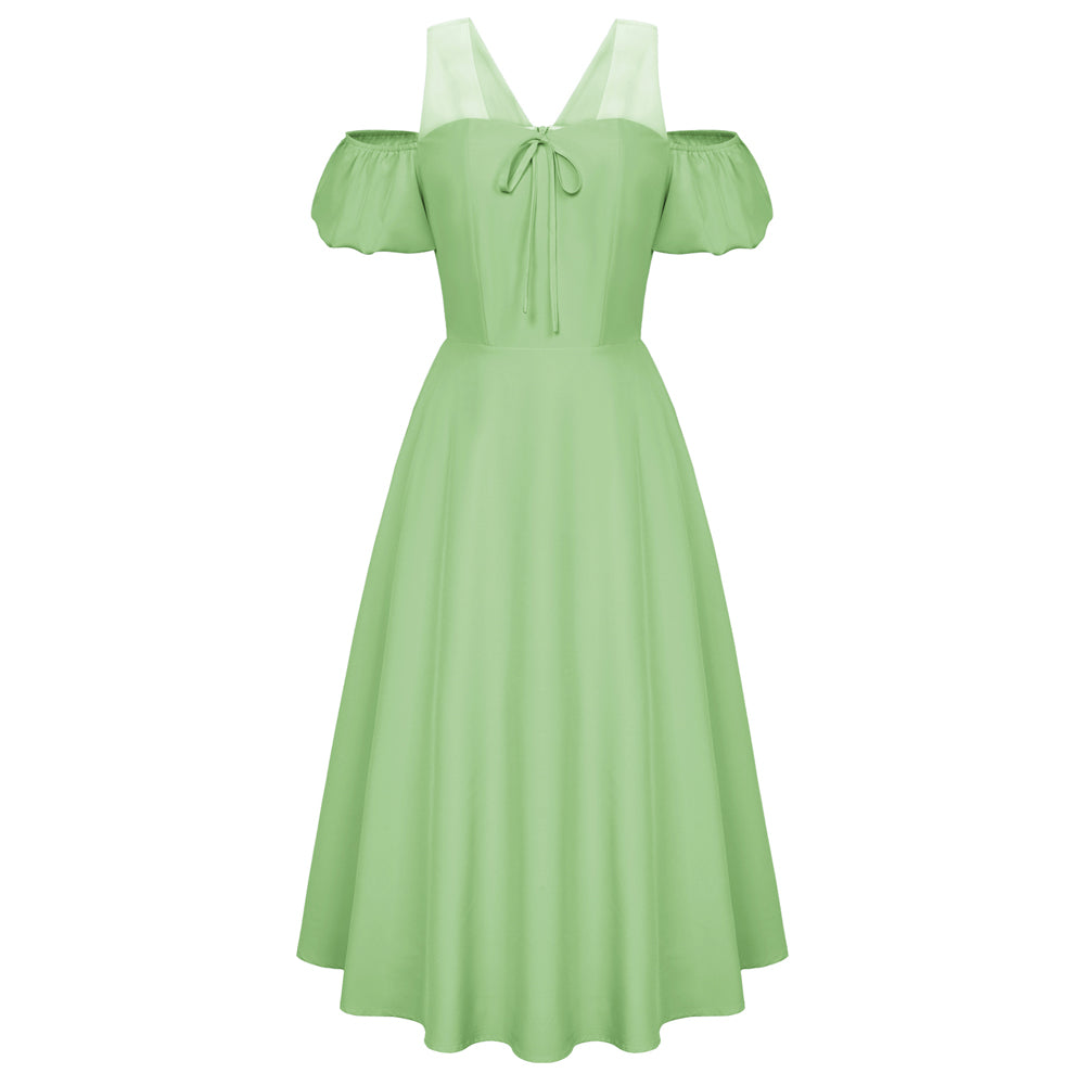 Vintage Cold Shoulder Dress Short Sleeve Mesh Patchwork A-Line Dress