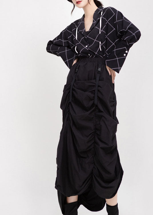 Black Elastic Waist Asymmetrical Design Wrinkled Fall Skirt