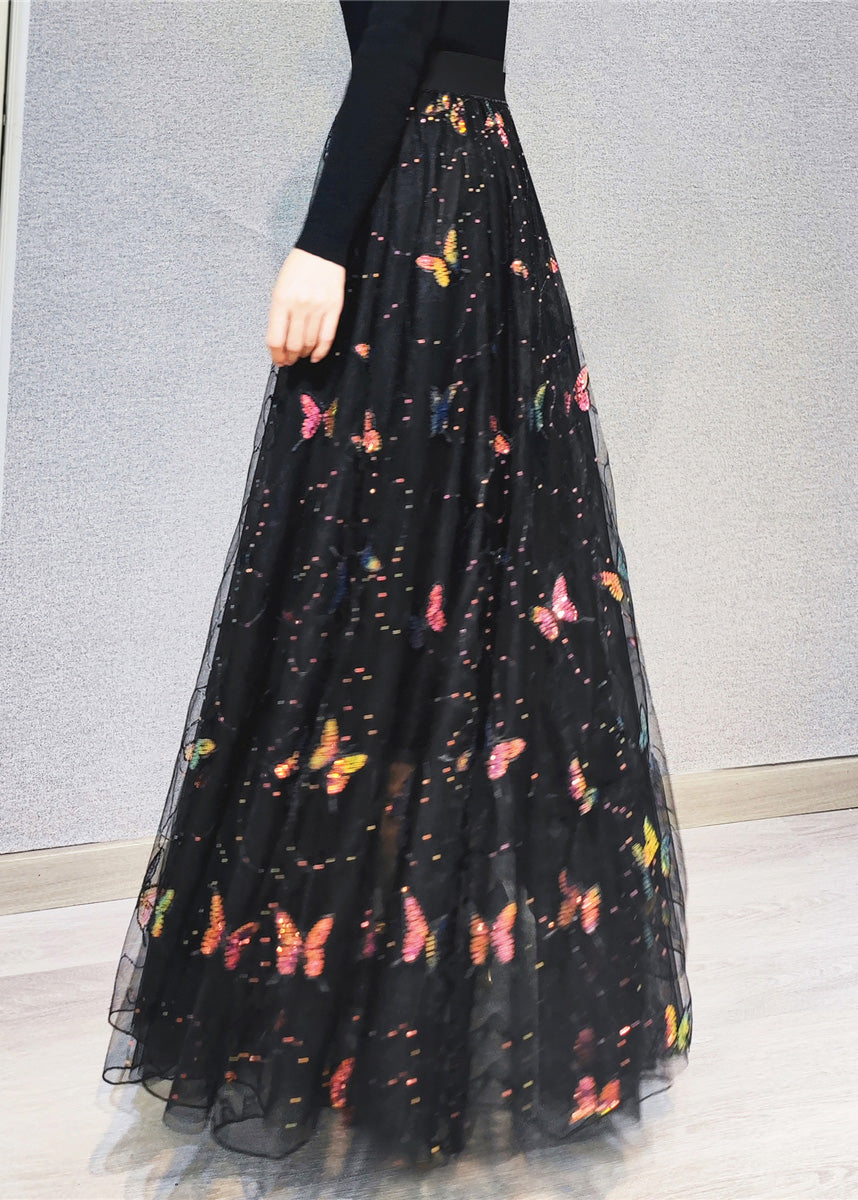 Embroidered Floral High Waist Sequins Tulle Maxi Skirts Spring