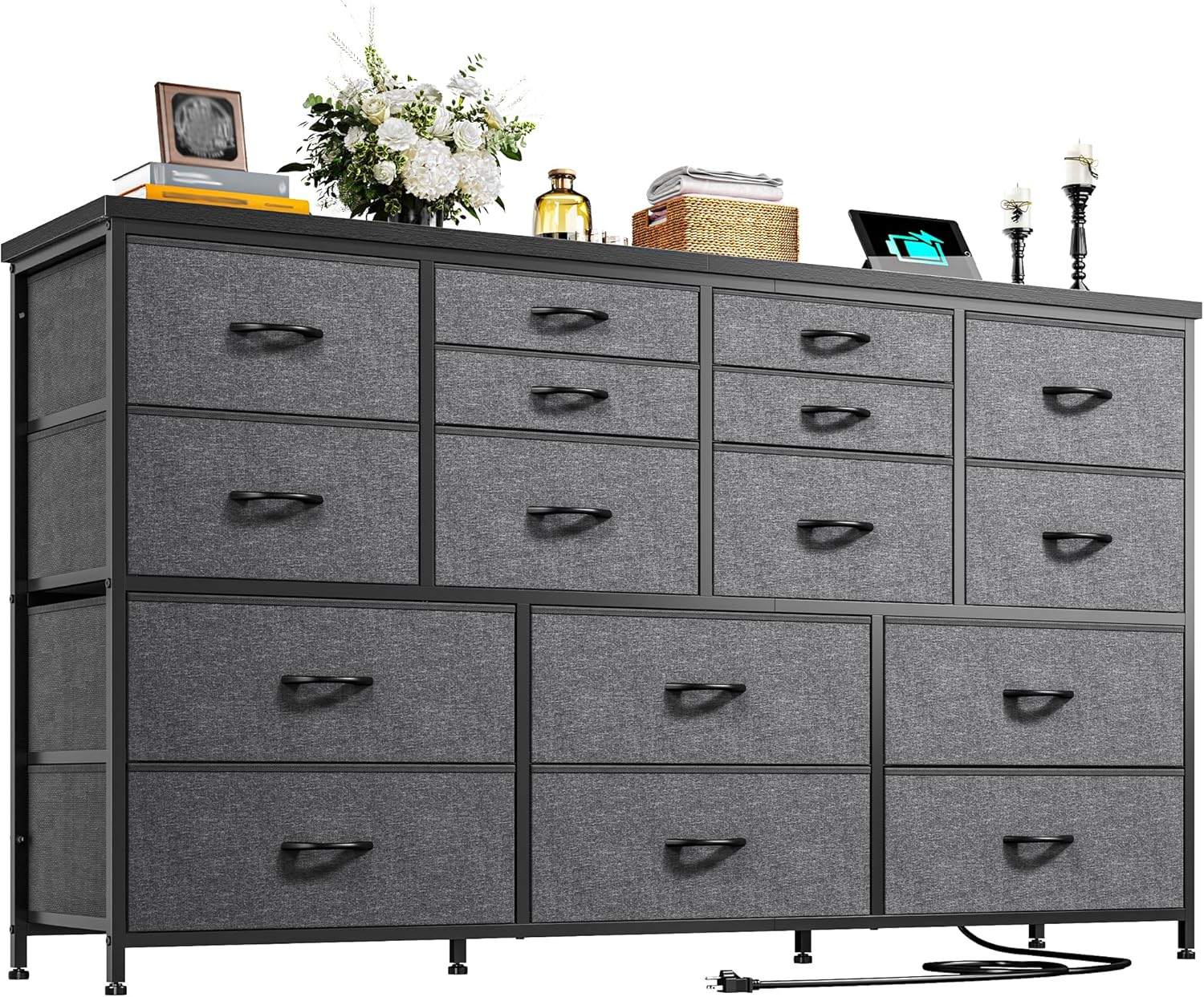Dresser for Bedroom with 16 Fabric Drawers Long Dresser with Charging Station TV Stand for 60