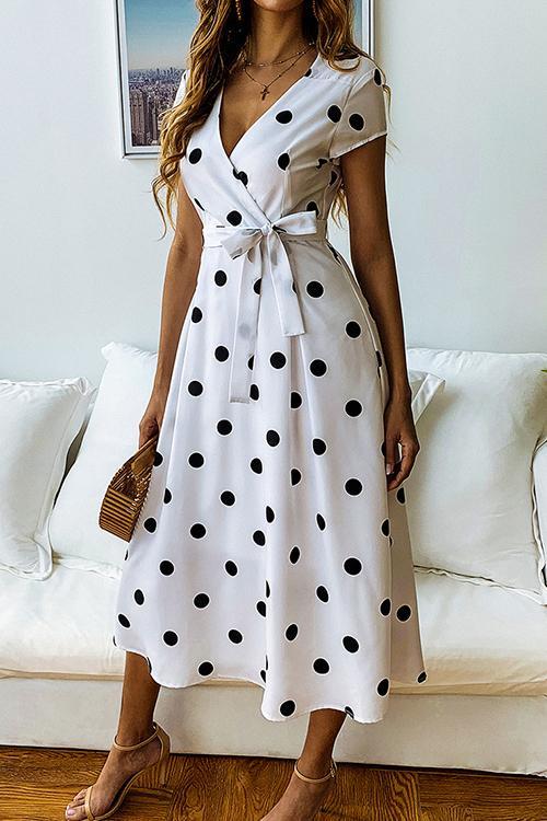 Dot Print V Neck Sleeveless Dress