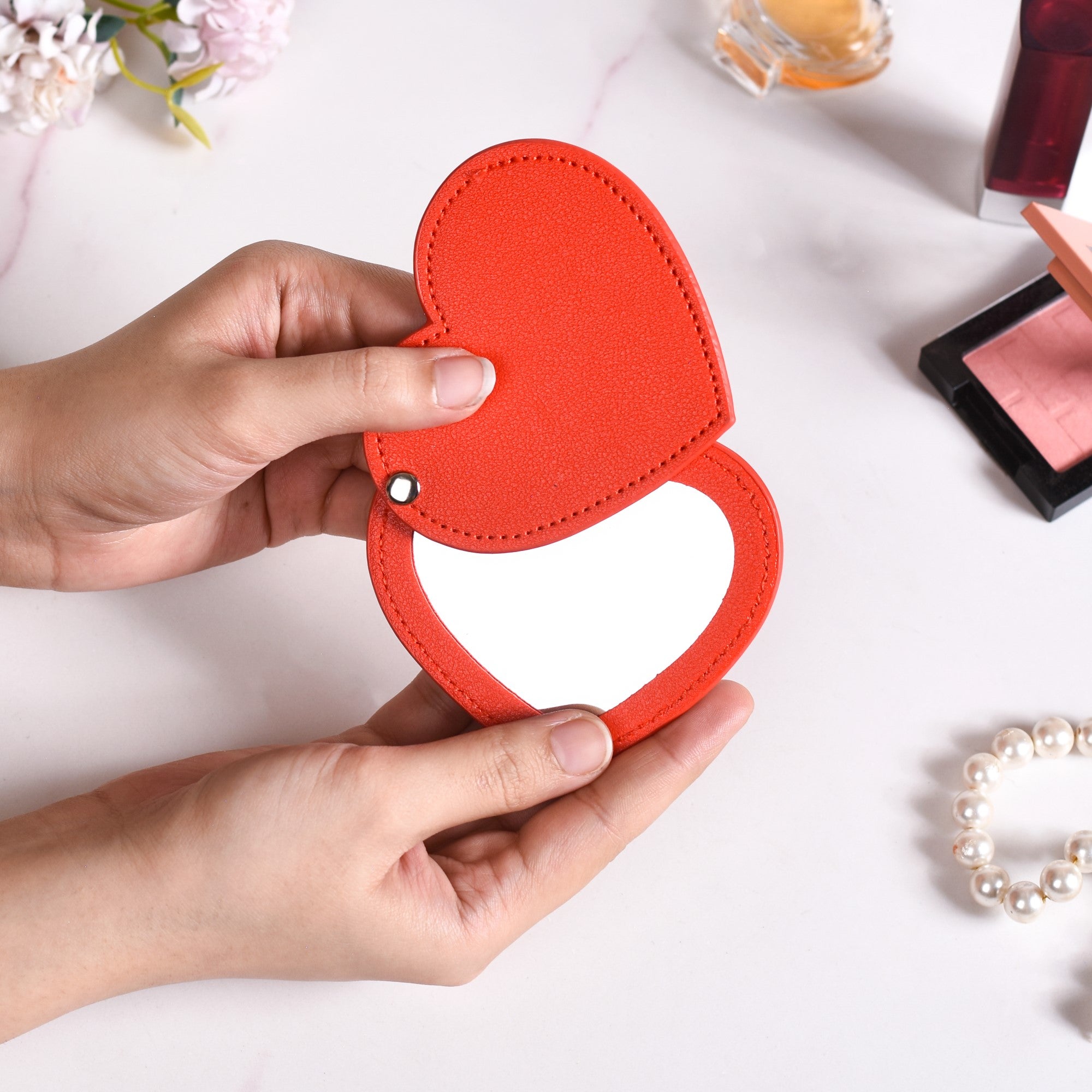Heart Shaped Pocket Mirror Red