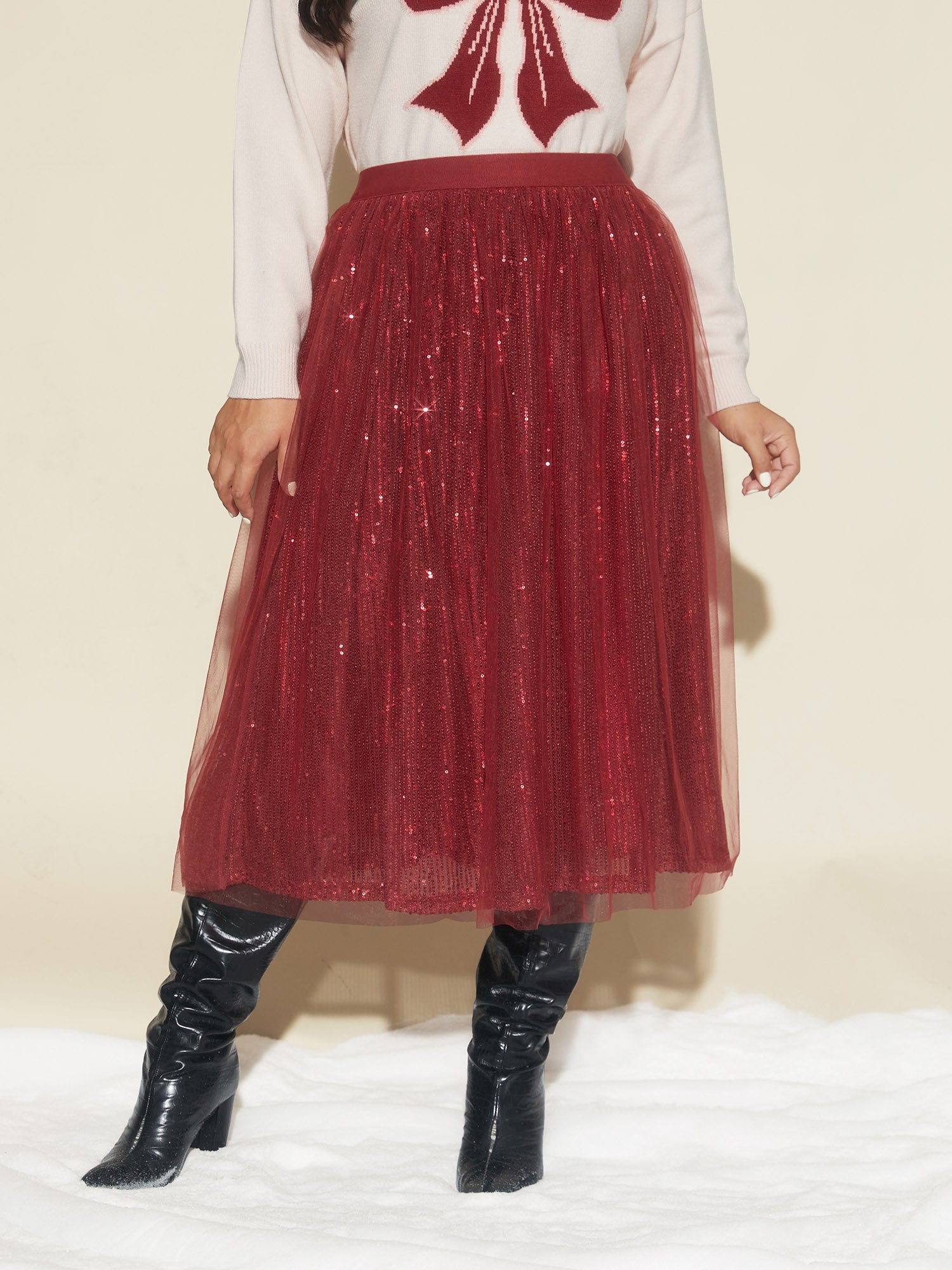 Sequin Mesh Elastic Waist Midi Skirt