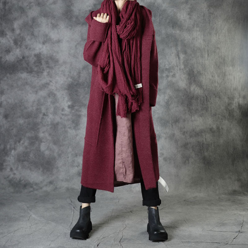 Plus Size Mulberry Loose Pockets Fall Hooded  Long Sleeve Sweaters Coat