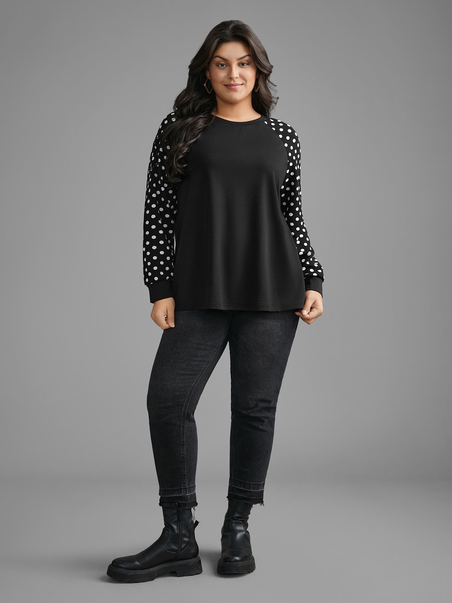 Polka Dot Patchwork Raglan Sleeve Sweatshirt