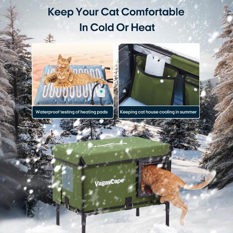 Heated Outdoor Cat House, Thermostat & Overheat Protection with Auto Shutoff, Warms in ~3s & Energy-Saving – Waterproof, Insulated & Elevated, 12mm Fiberglass Frame, Escape Door & Window, UL-Tested Heating Core