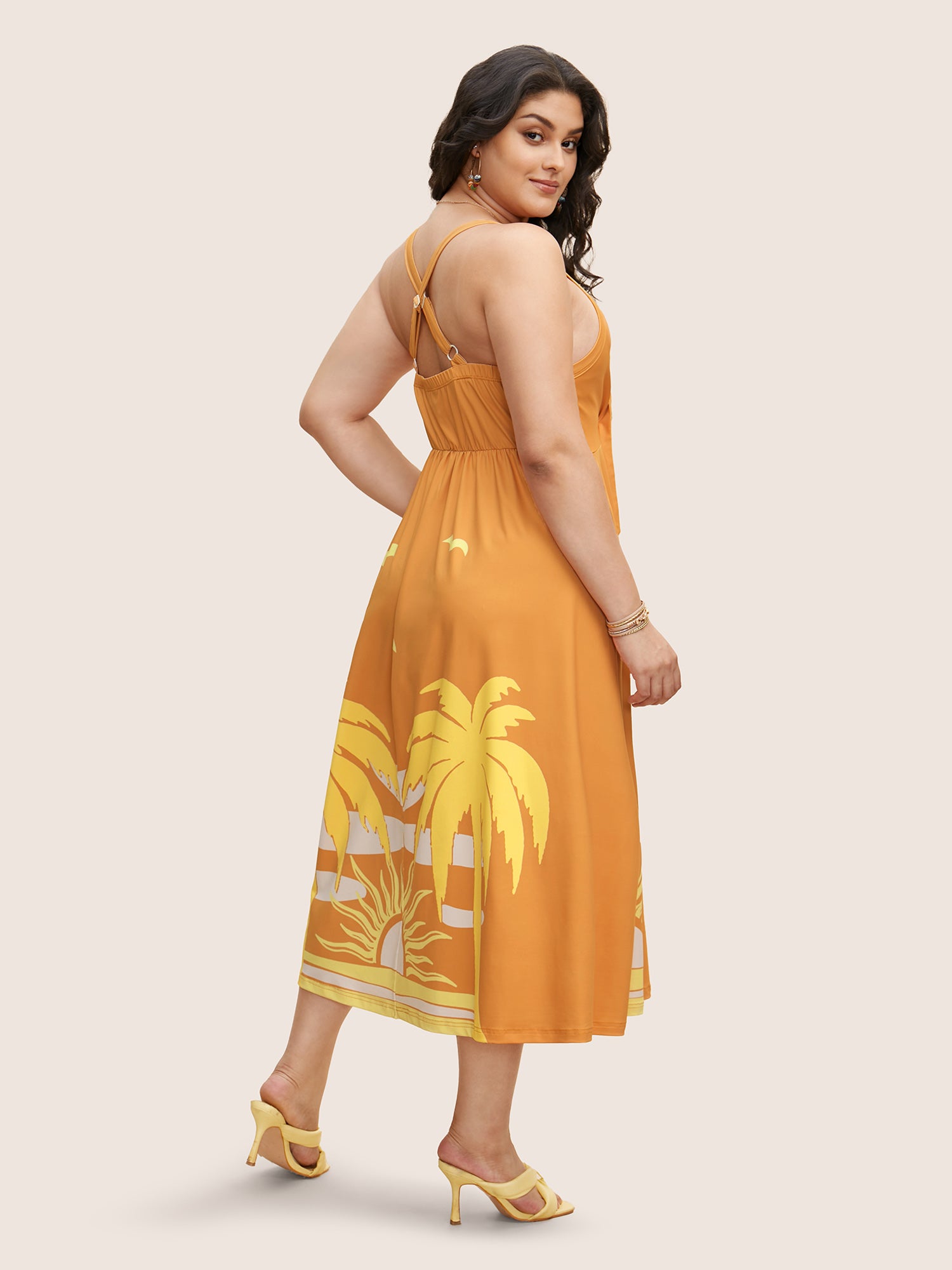 Heart Neckline Tropical Print Tie Knot Midi Dress