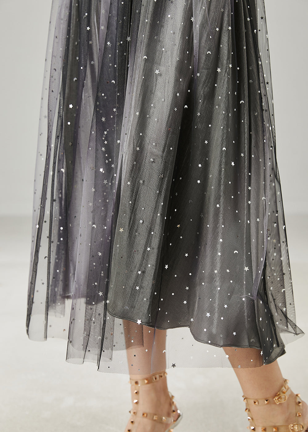 Organic Black Sequins Tulle Pleated Skirt Summer