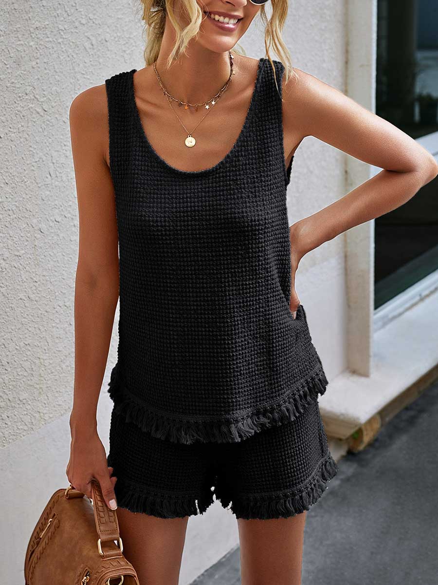 Fashion Fringe Vest Casual Women's Shorts Set