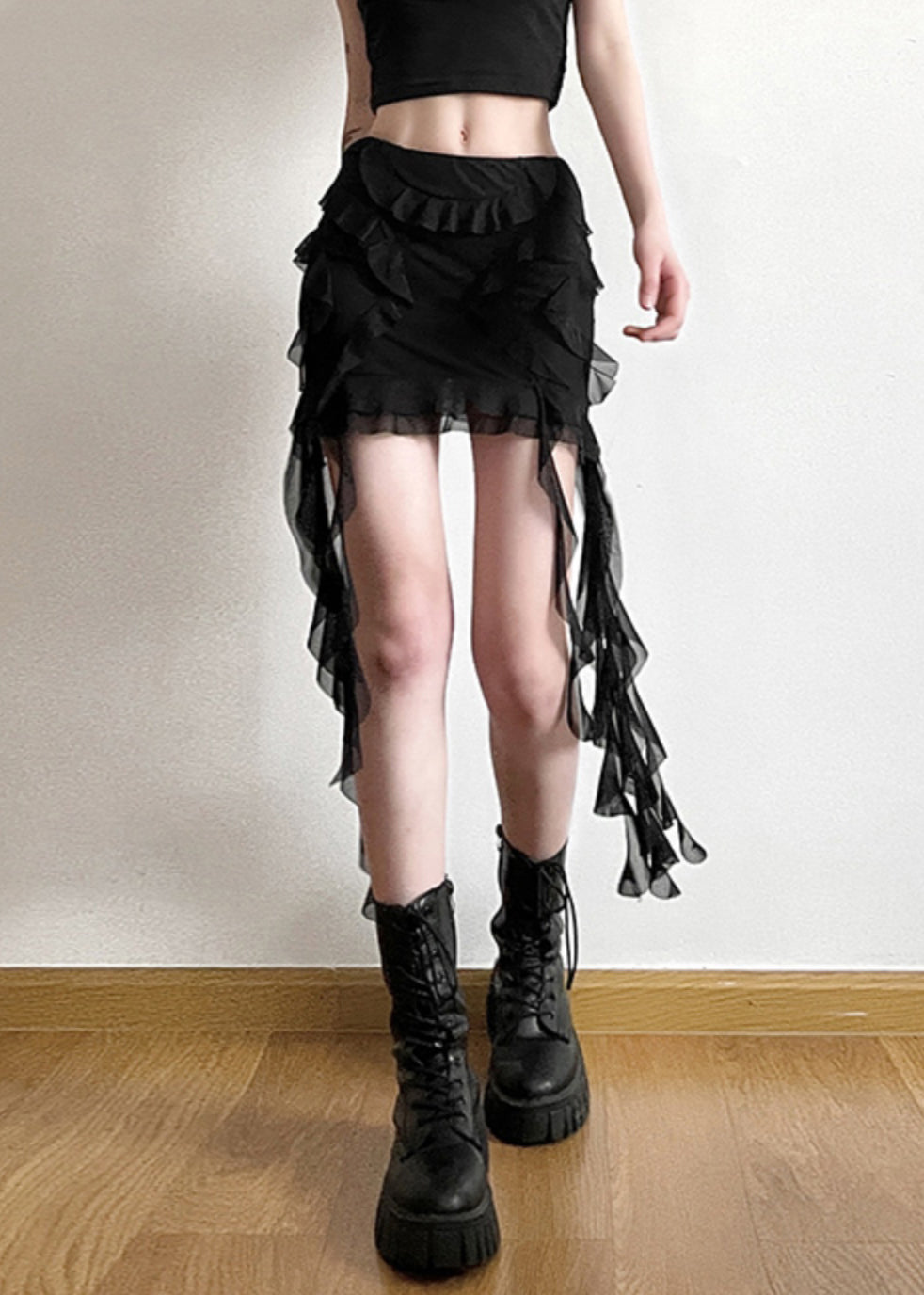 Beautiful Black Ruffled Patchwork High Waist Tulle Skirt Summer