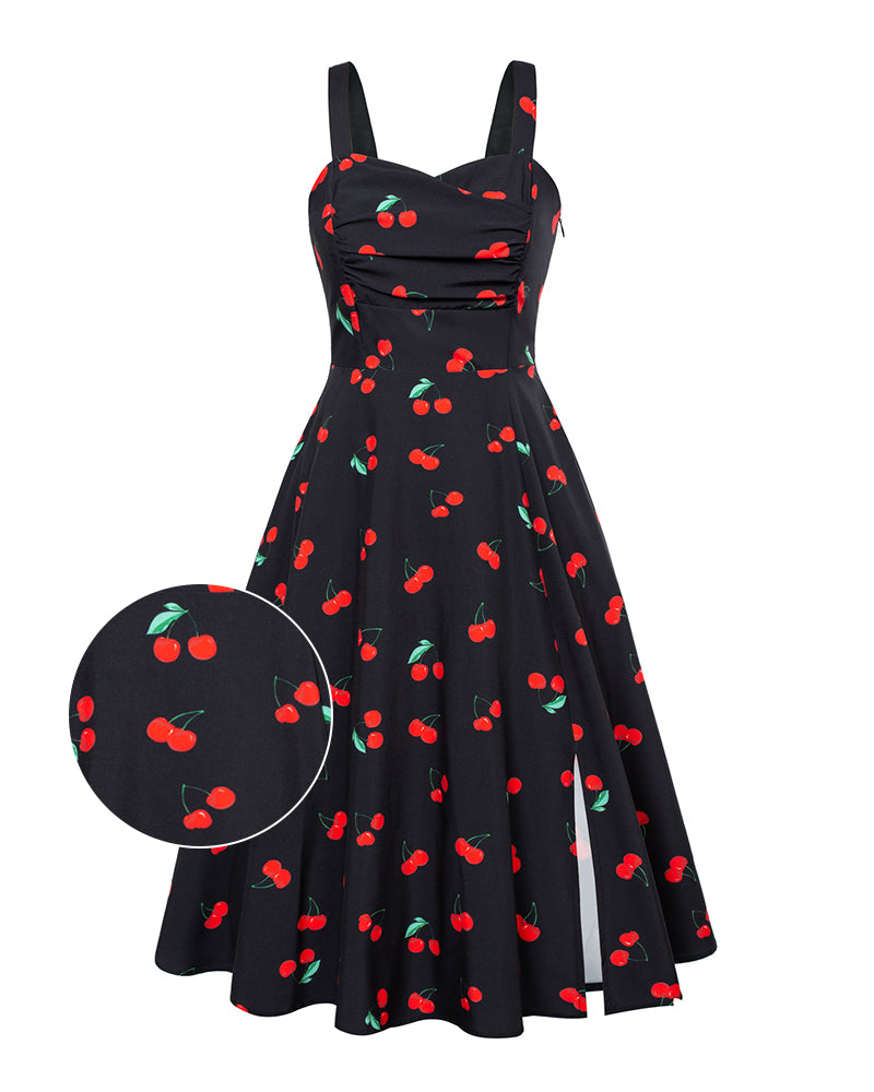 Vintage Cherry Patterns Cocktail Dress Sleeveless Spaghetti Strap Ruched Slit A Line Swing Dress with Pockets
