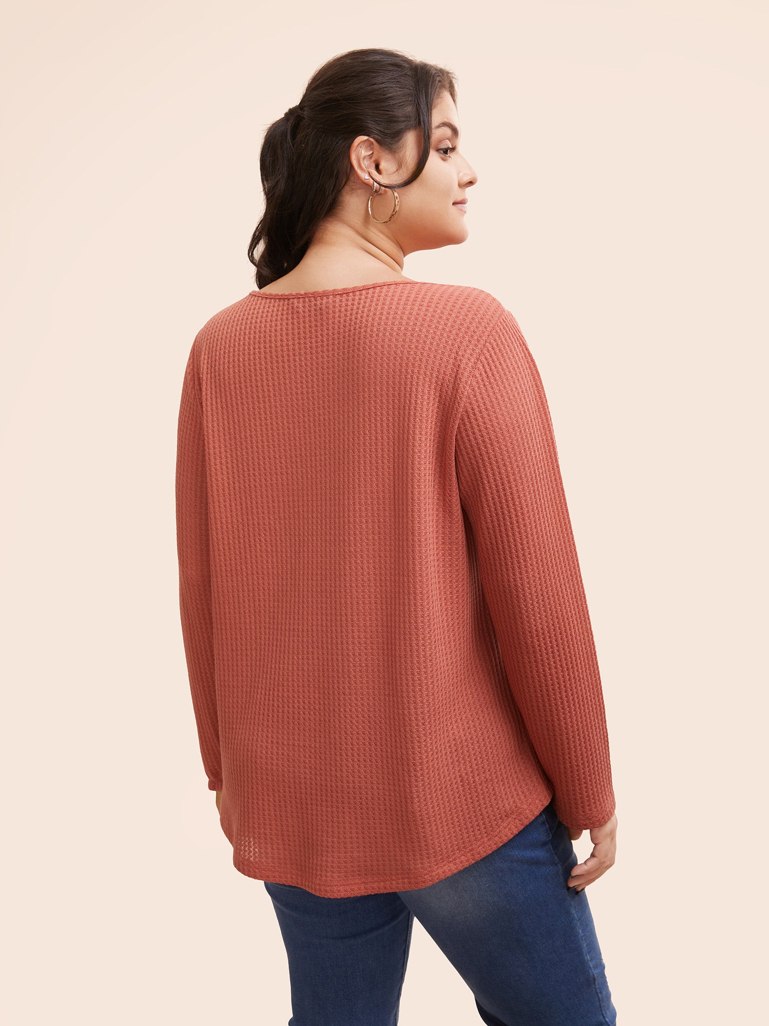 Plain Waffle Knit Scoop Neck Plicated Detail T-shirt