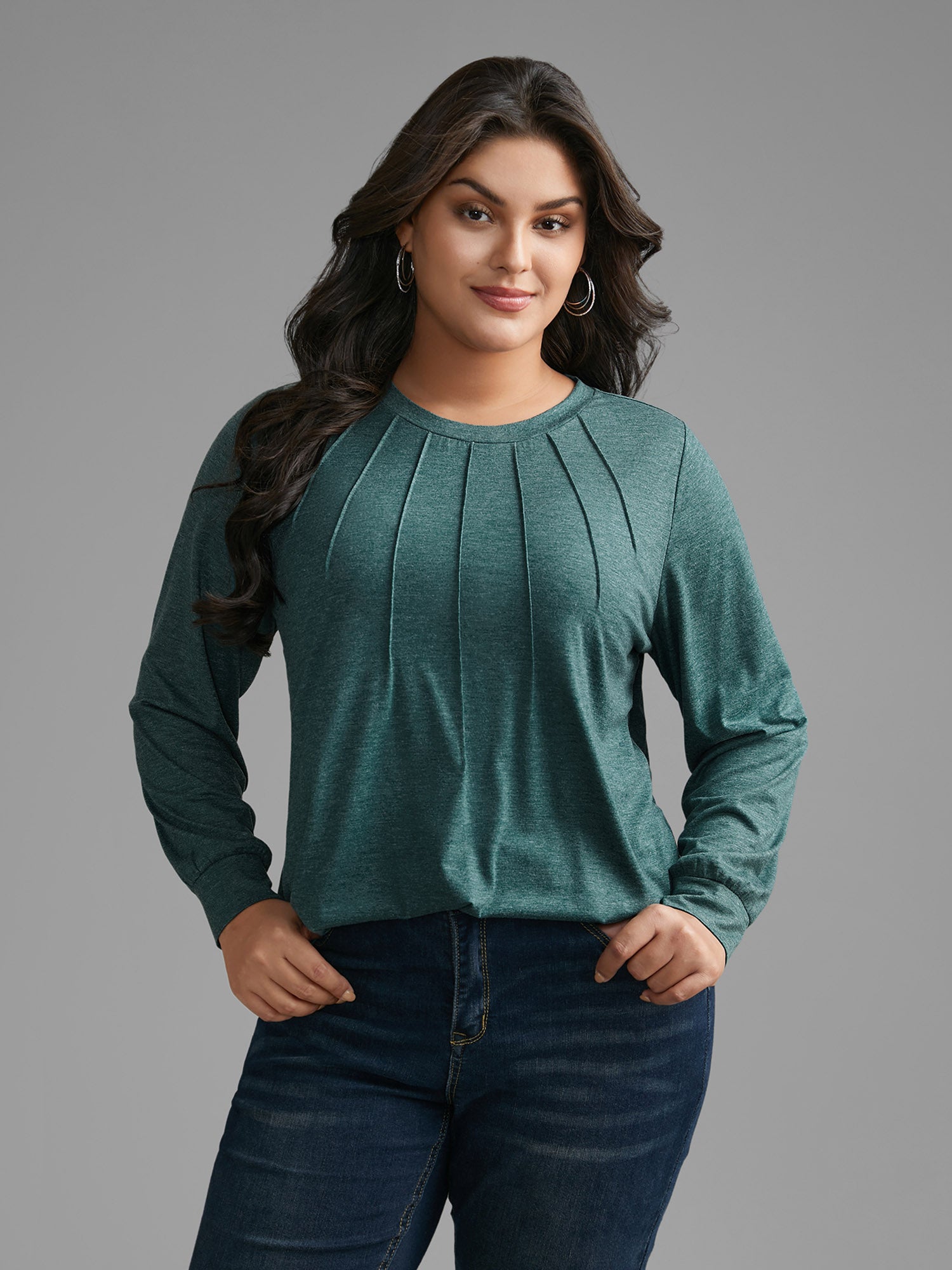 Solid Heather Round Neck Pleated T-shirt