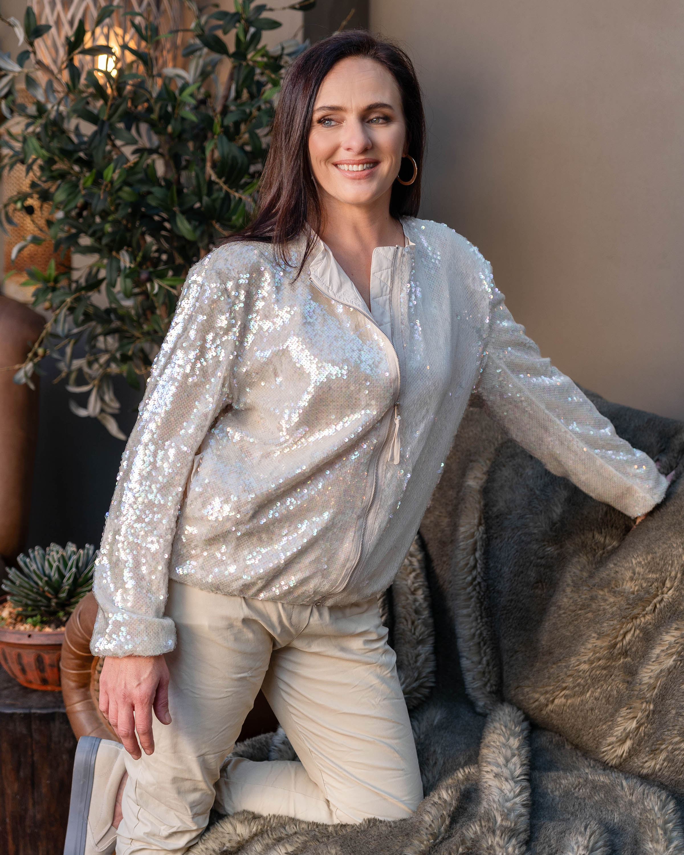 Sequin Sway Zip Jacket | Cream