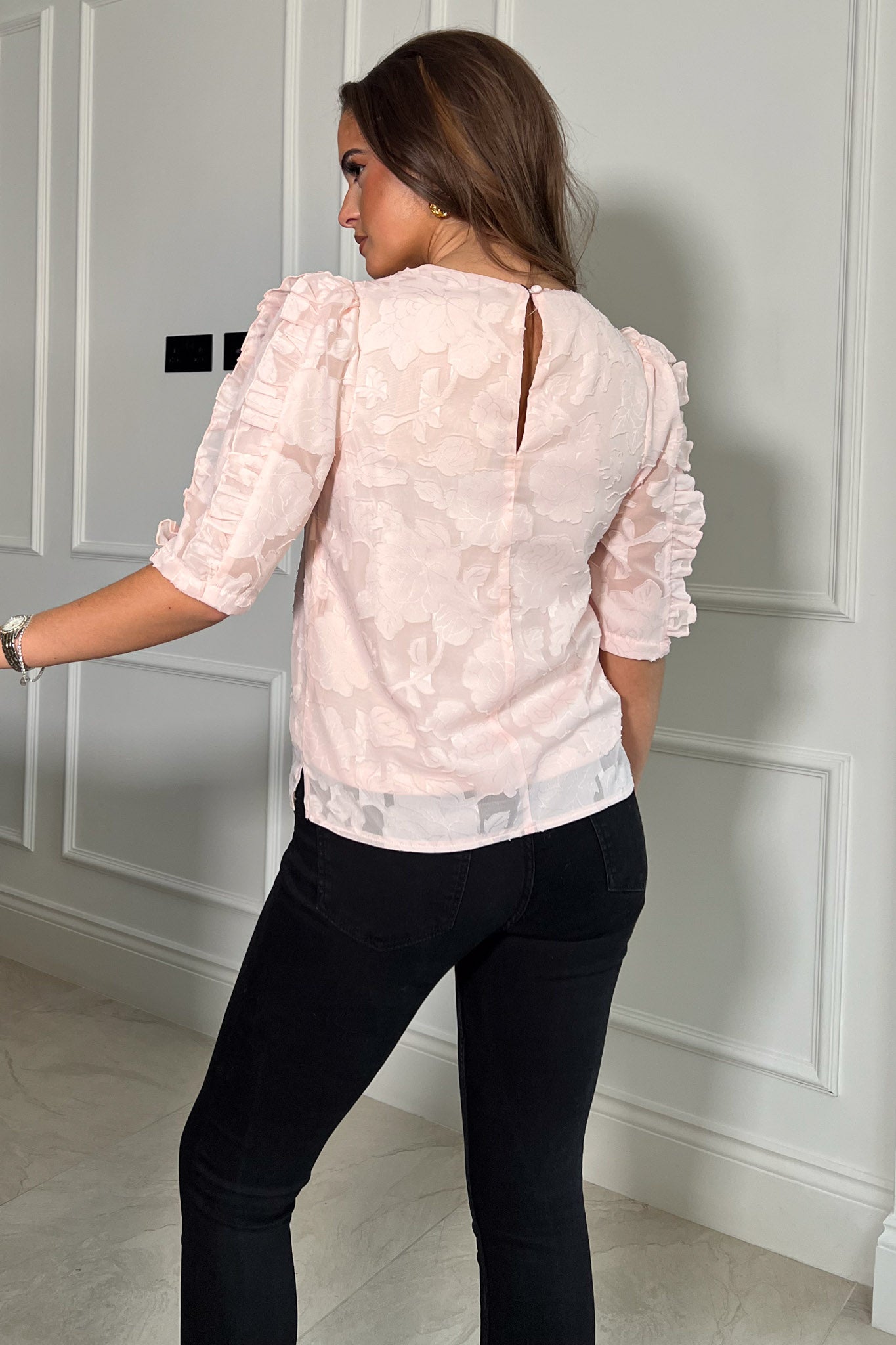Asher Baby Pink Burnout Frill Sleeve Top