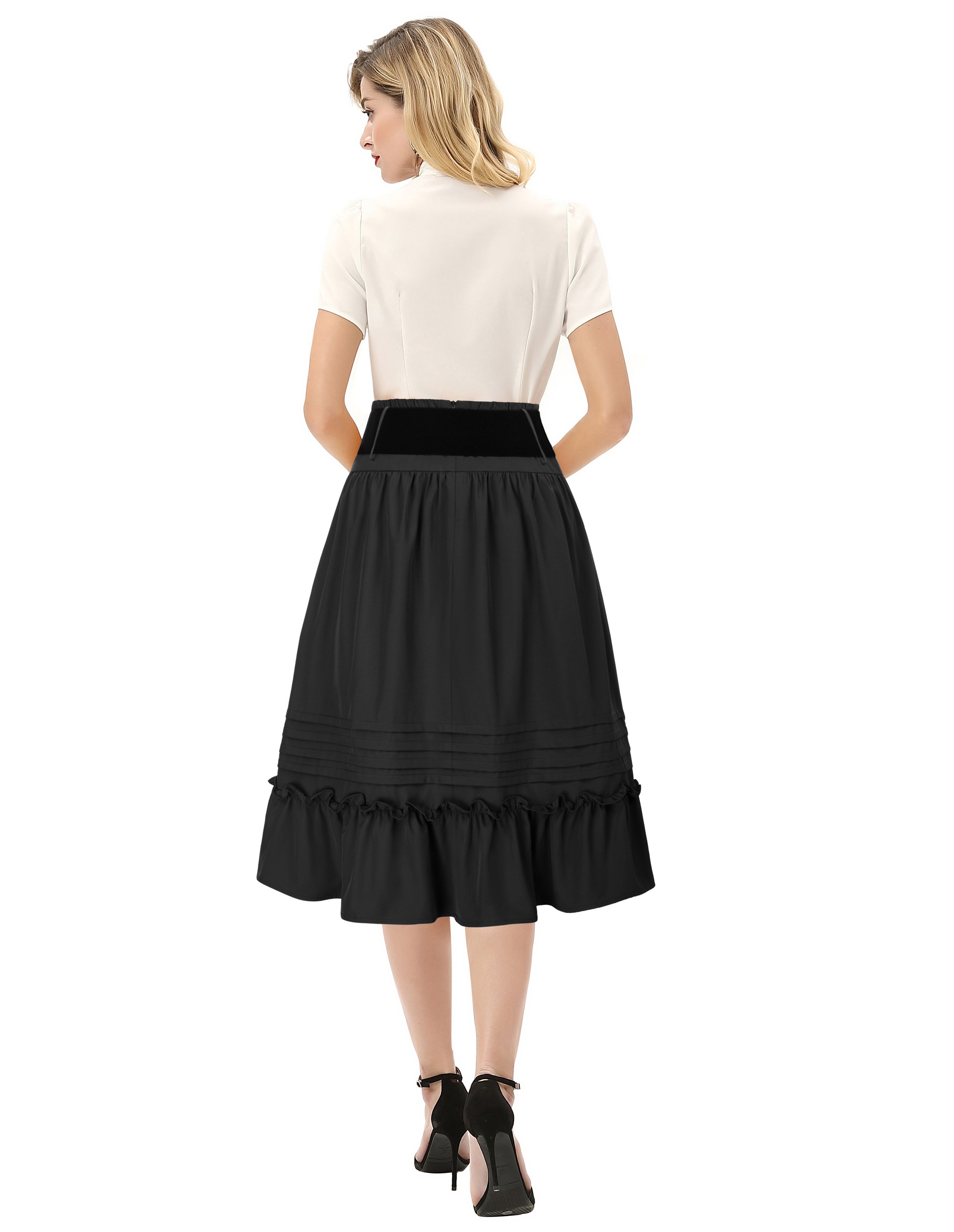 Belt Decorated Skirt Elastic High Waist Tiered  A-Line Skirt