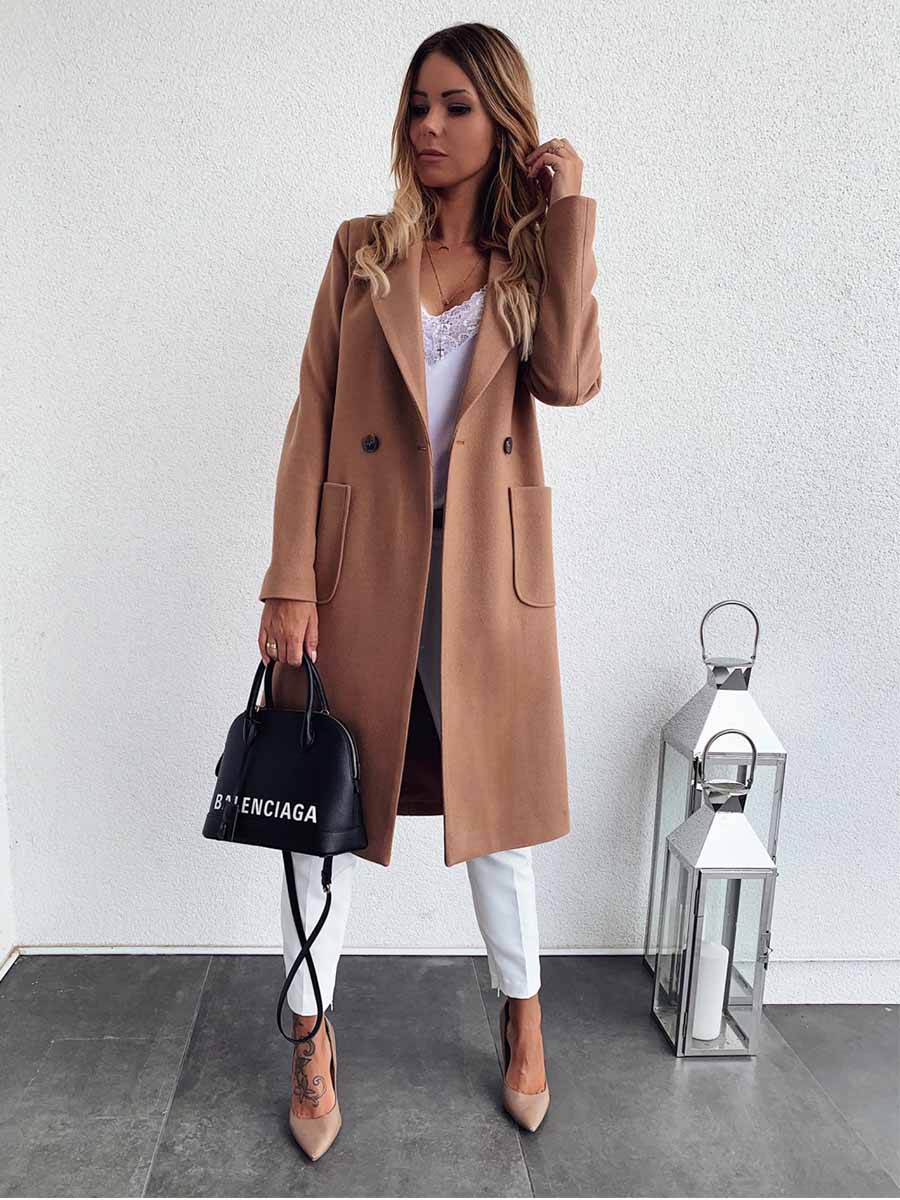 Lapel Pocket Woolen Coat