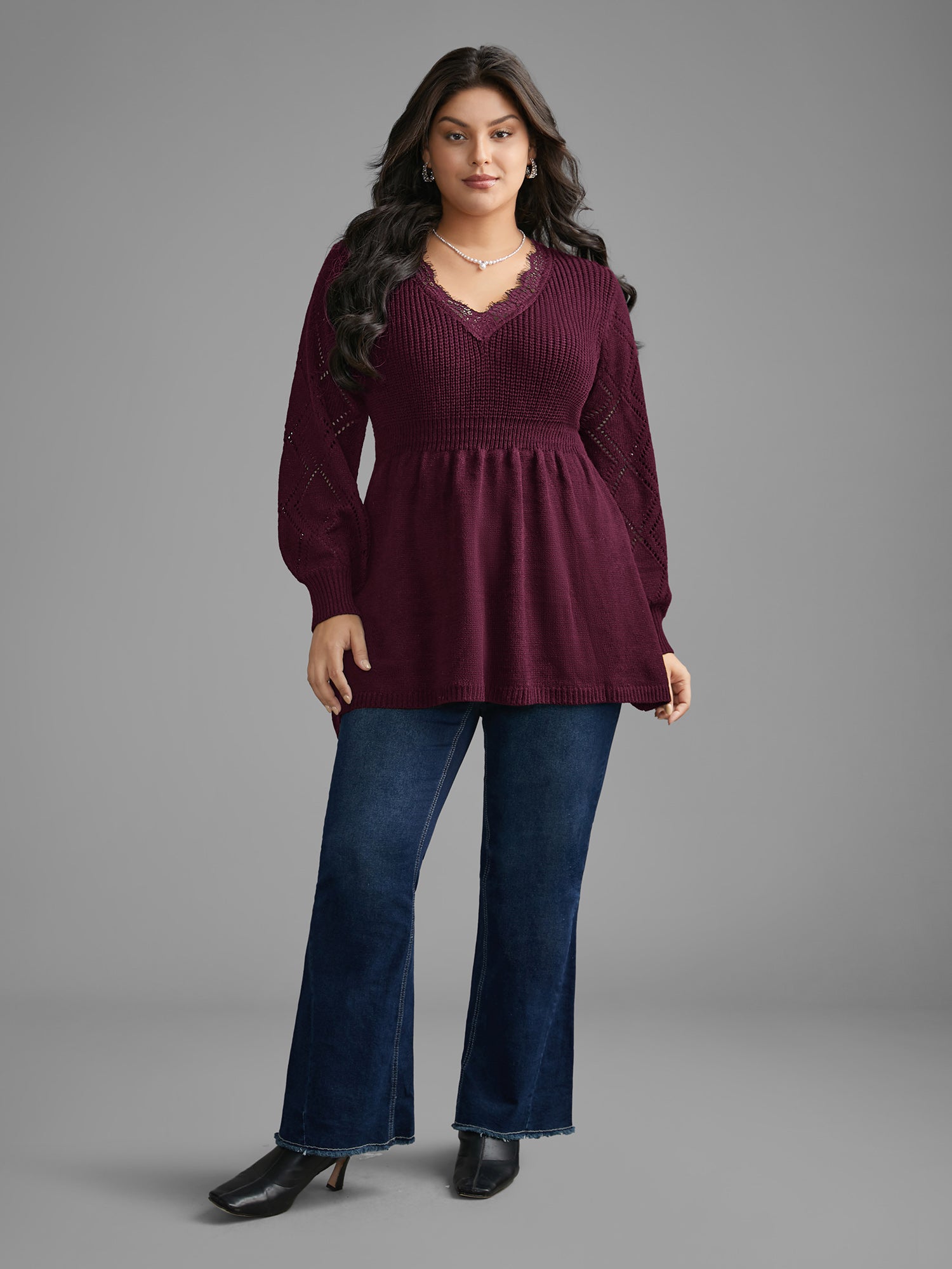 V Neck Lace Panel Lantern Sleeve Pullover