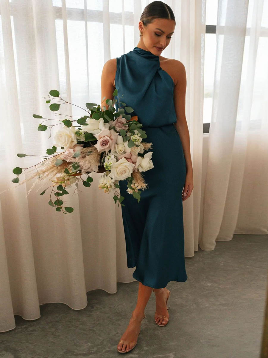 Sleeveless Hanging Neck Solid Color Satin Dress(6 Colors)