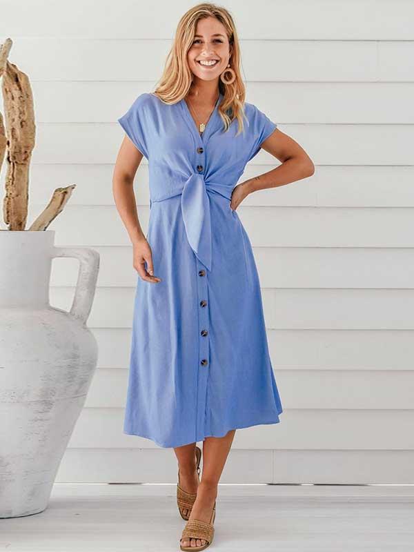Button V-Neck Strap Dress