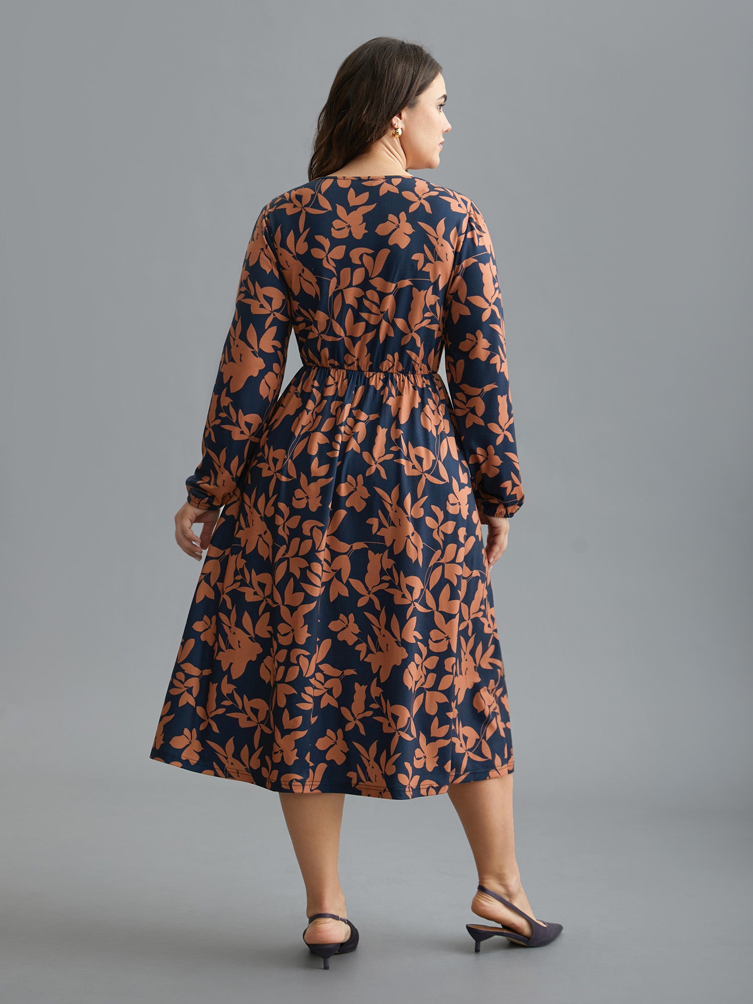 Autumn Leaves Print Fit-and-Flare Midi Dress