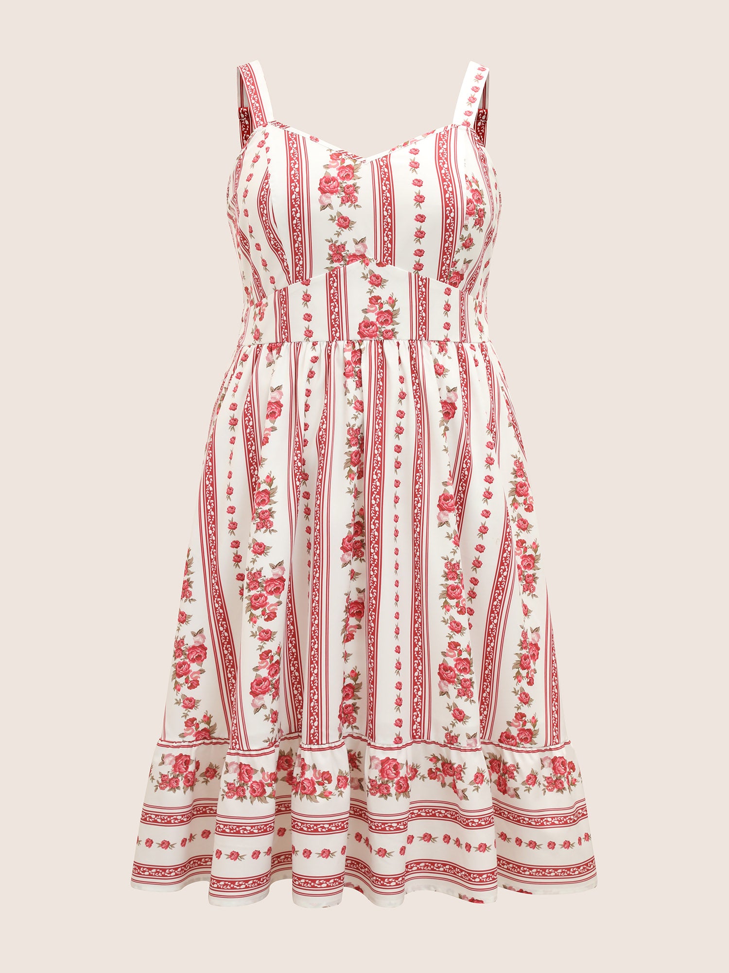 Heart Neckline Boho Print Shirred Cami Midi Dress