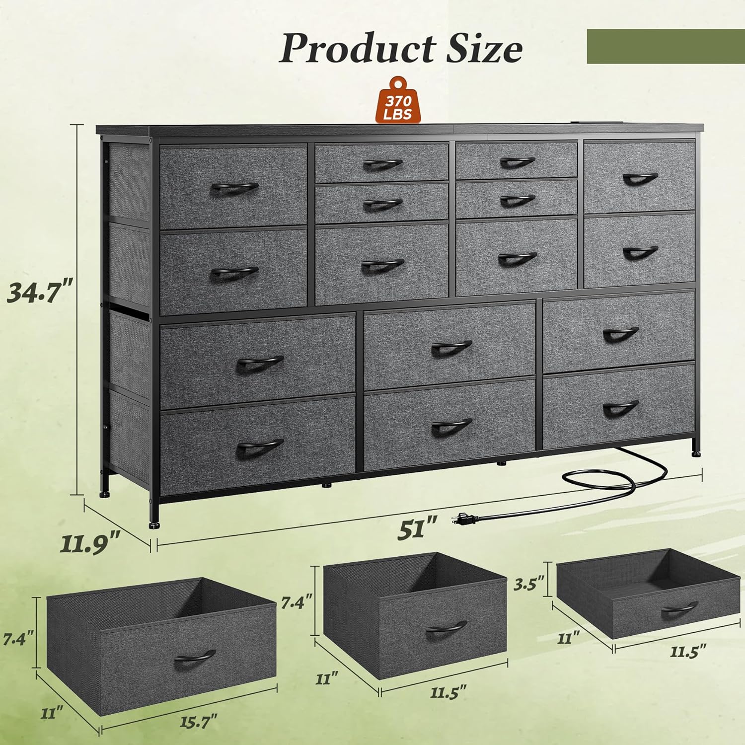 Dresser for Bedroom with 16 Fabric Drawers Long Dresser with Charging Station TV Stand for 60