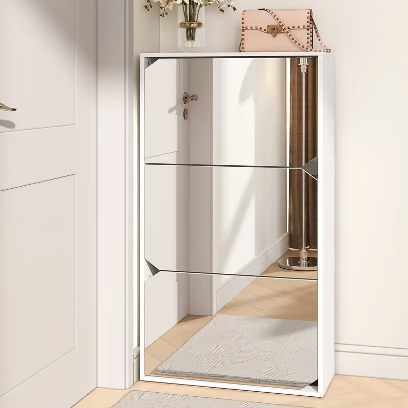 Adjustable Shelf Mirror] 3 Flip-up Drawer Adjustable Shelf Mirror Shoe Cabinet