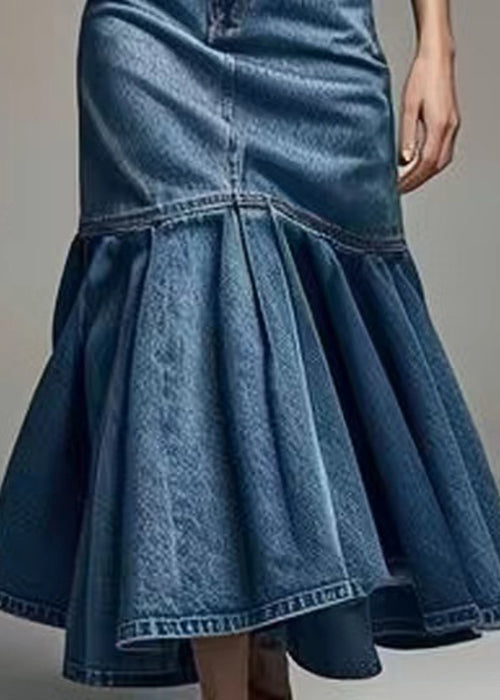 Blue Wrinkled High Waist Fishtail Skirt Summer