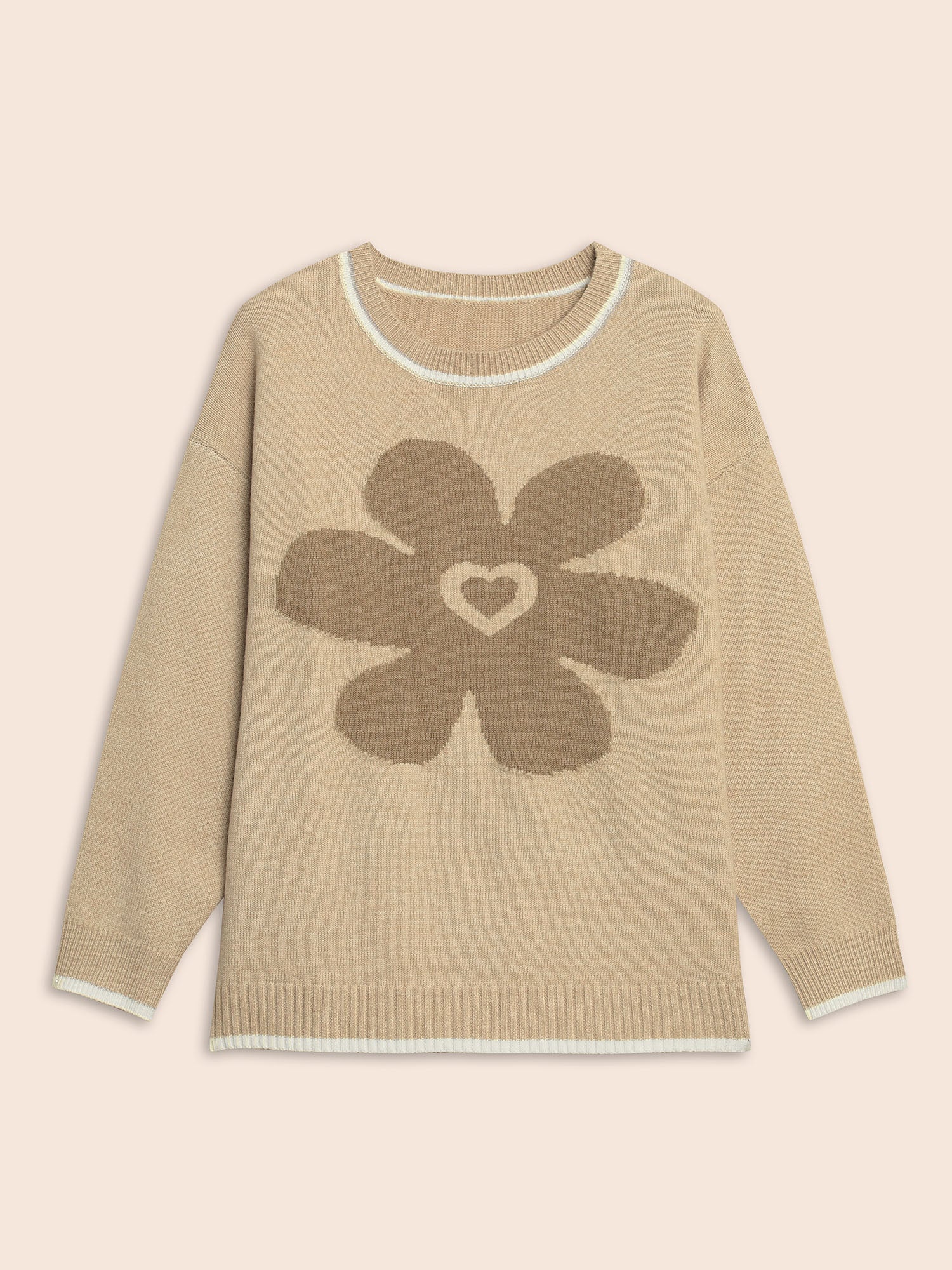 Floral Jacquard Contrast Trim Slit Hem Pullover