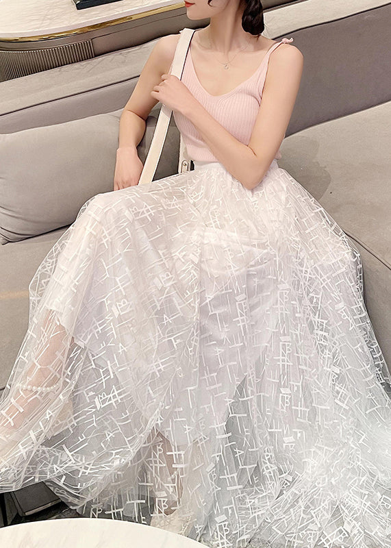 Black Graphic Elastic Waist Tulle Skirts Summer