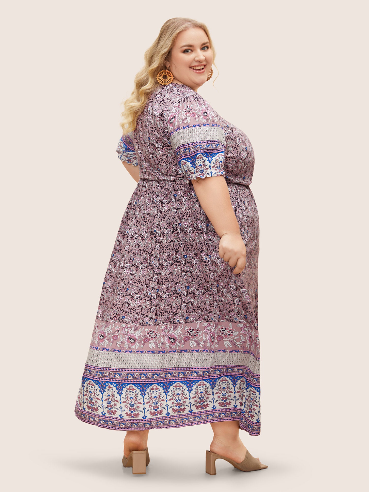 Boho Print Notched Ties Tassel Trim Dress