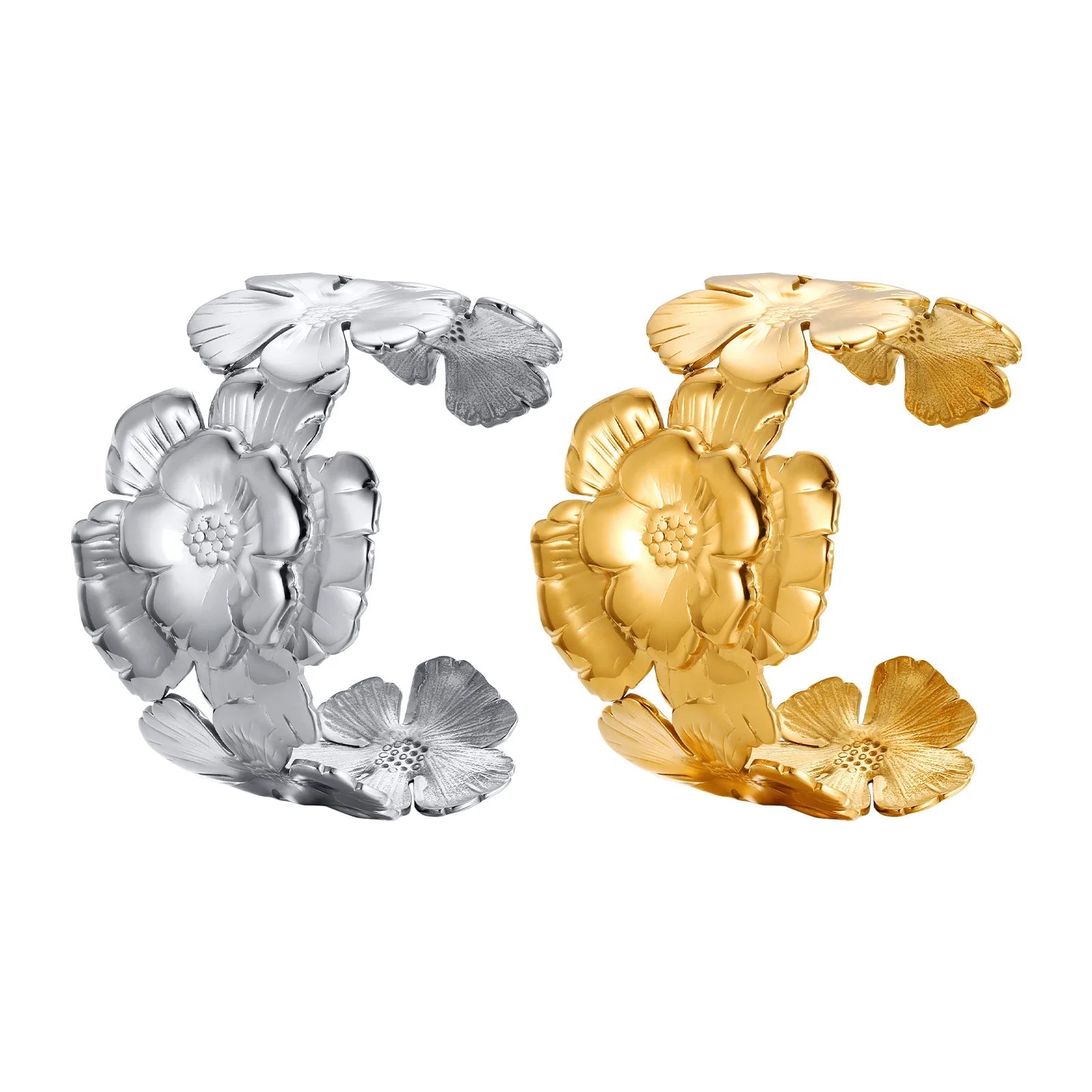 18k Floral Cuff Bangle Bracelets